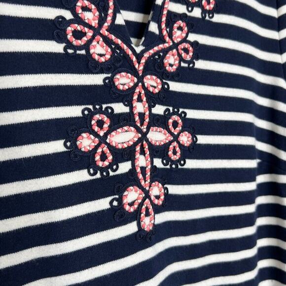 Talbots Black White Stripe Dress M Embroidered Boho Classic 3/4 Sleeve - Picture 2 of 8